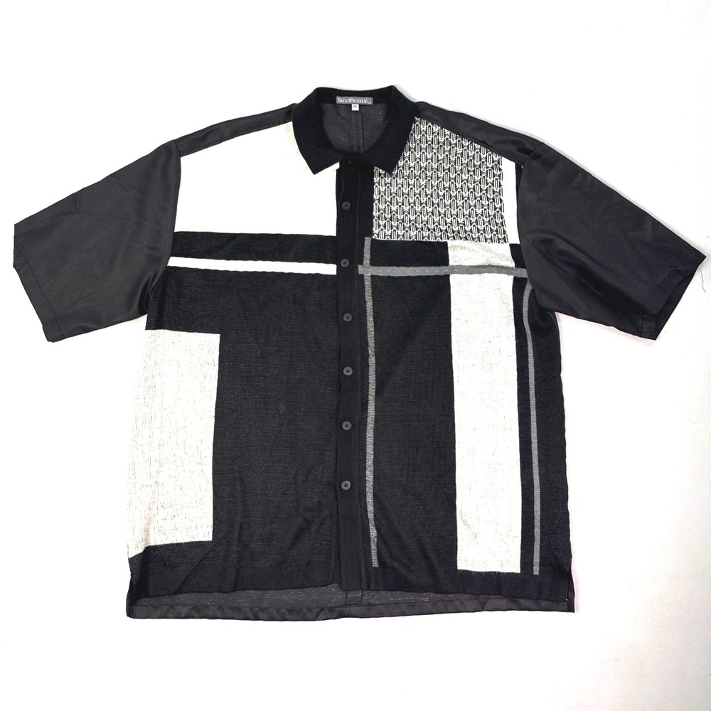 Silver Silk Mens 3XL Linen Silk Blend Geometric Colorblock Button Up Shirt Black
